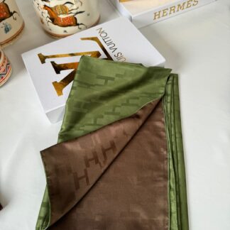 İthal Hermes Çift Taraflı İpek Şal - Hakİ/Kahve