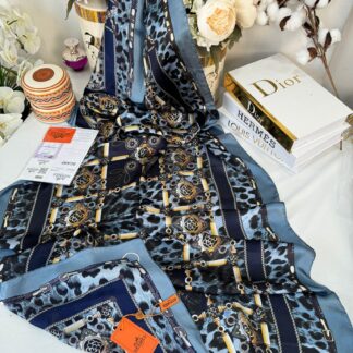 Hermes Leopar Çift Taradlı Vual İpek Şal 11143 - mavi