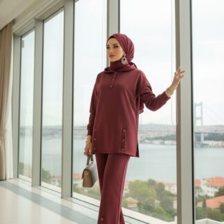 Premium Çıtçıtlı Dotta İkili Takım TK100301 - Bordo