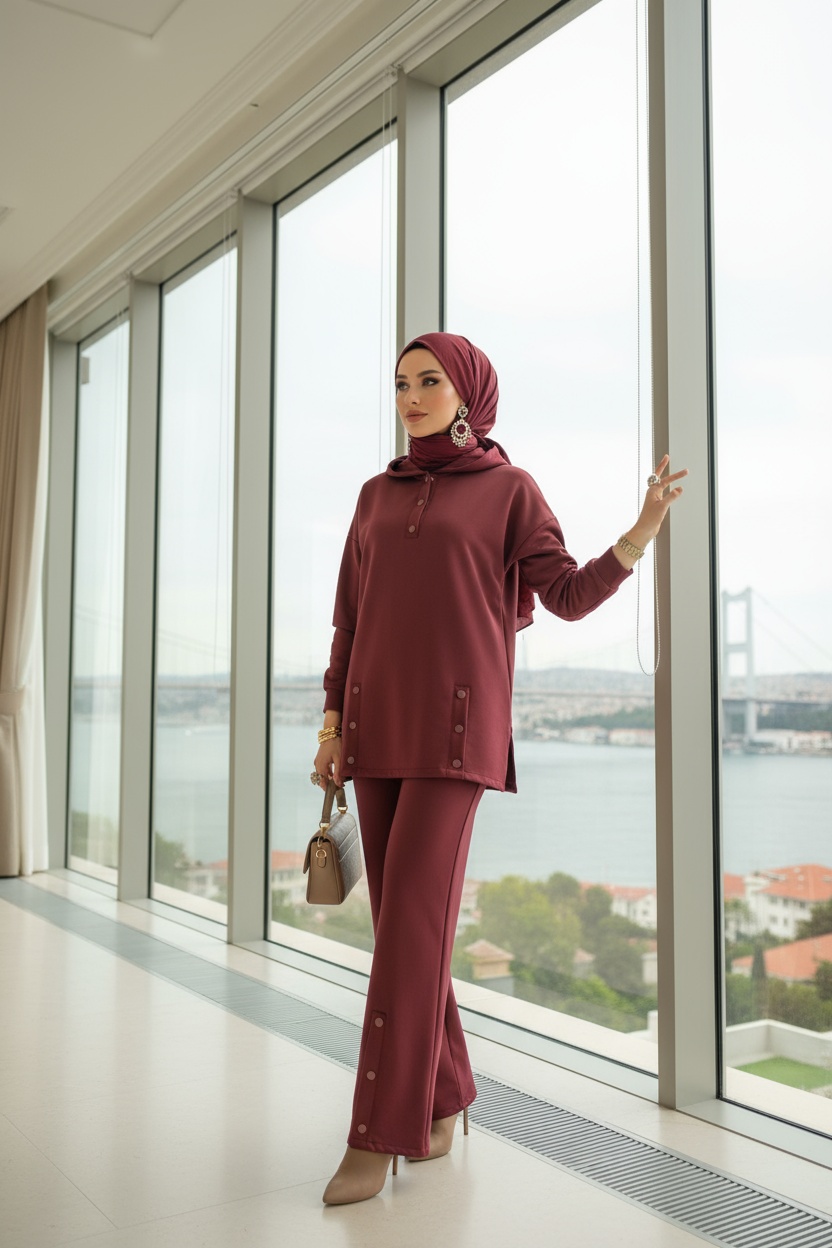 Premium Çıtçıtlı Dotta İkili Takım TK100301 - Bordo