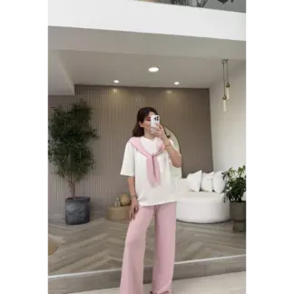 Fular Detaylı Modal T-shirt Eşofman Takım - Pembe