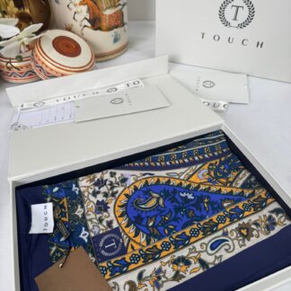 Touch İthal Etnik Desen Pamuk İpek Şal- 35440 - Lacivert Ekru