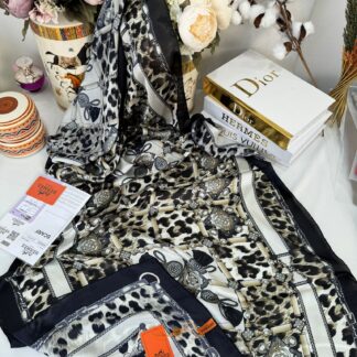 Hermes Leopar Çift Taradlı Vual İpek Şal 11143 - Yeşil