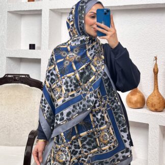 Hermes Leopar Pamuk Soft Şal 65329 - Gece Mavisi