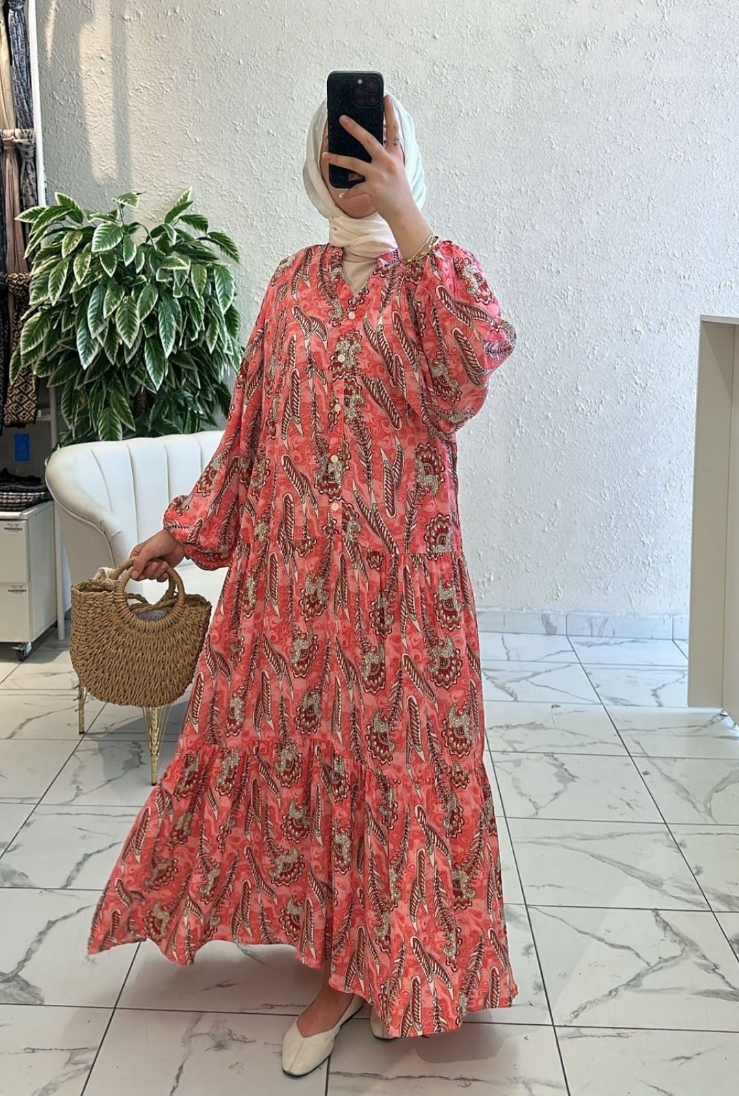 Coral Paisley Maxi Elbise L1009 - Narçiçeği