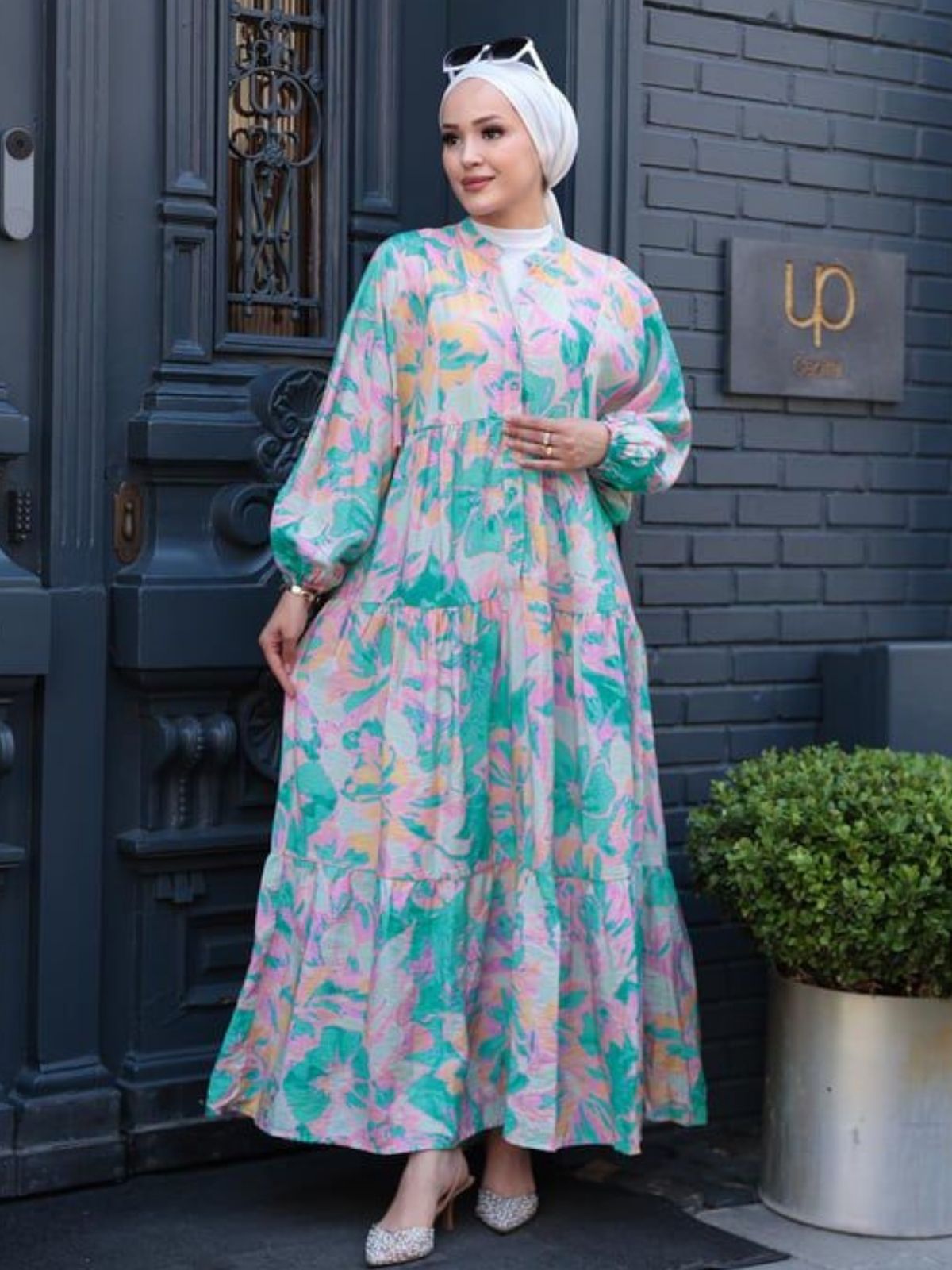 Melina Yaprak Desen Elbise L100132 - Mint