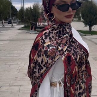 Hermes Leopar Çift Taradlı Vual İpek Şal 11143 - Bordo