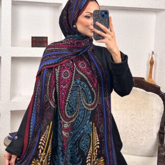 Touch İthal Etnik Desen Yün İpek Şal- Mürdüm-Siyah