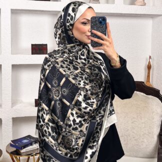 Hermes Leopar Çift Taradlı Vual İpek Şal 11143 - Ekru Haki