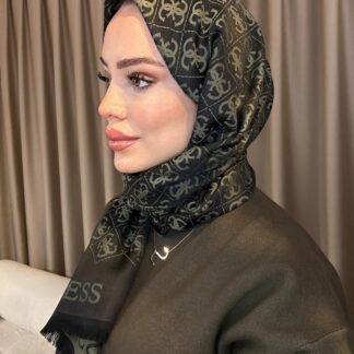 Guess Desenli İpek Kaşmir Çift Taraflı Şal - Haki-Siyah