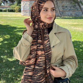 Chanel Çizgili Leopar Pamuk Soft Şal 54120 - Kahve