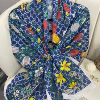 Gucci Çiçek Desen Pamuk Soft Şal 65355 - Lacivert/Beyaz
