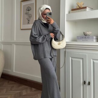 Kapüşon Detaylı Ivy Pantolonlu Triko İkili Takım TKM100276 – Gri