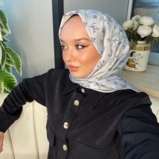 Lv Desenli İpek Kaşmir Çift Taraflı Şal - Kot Mavisi