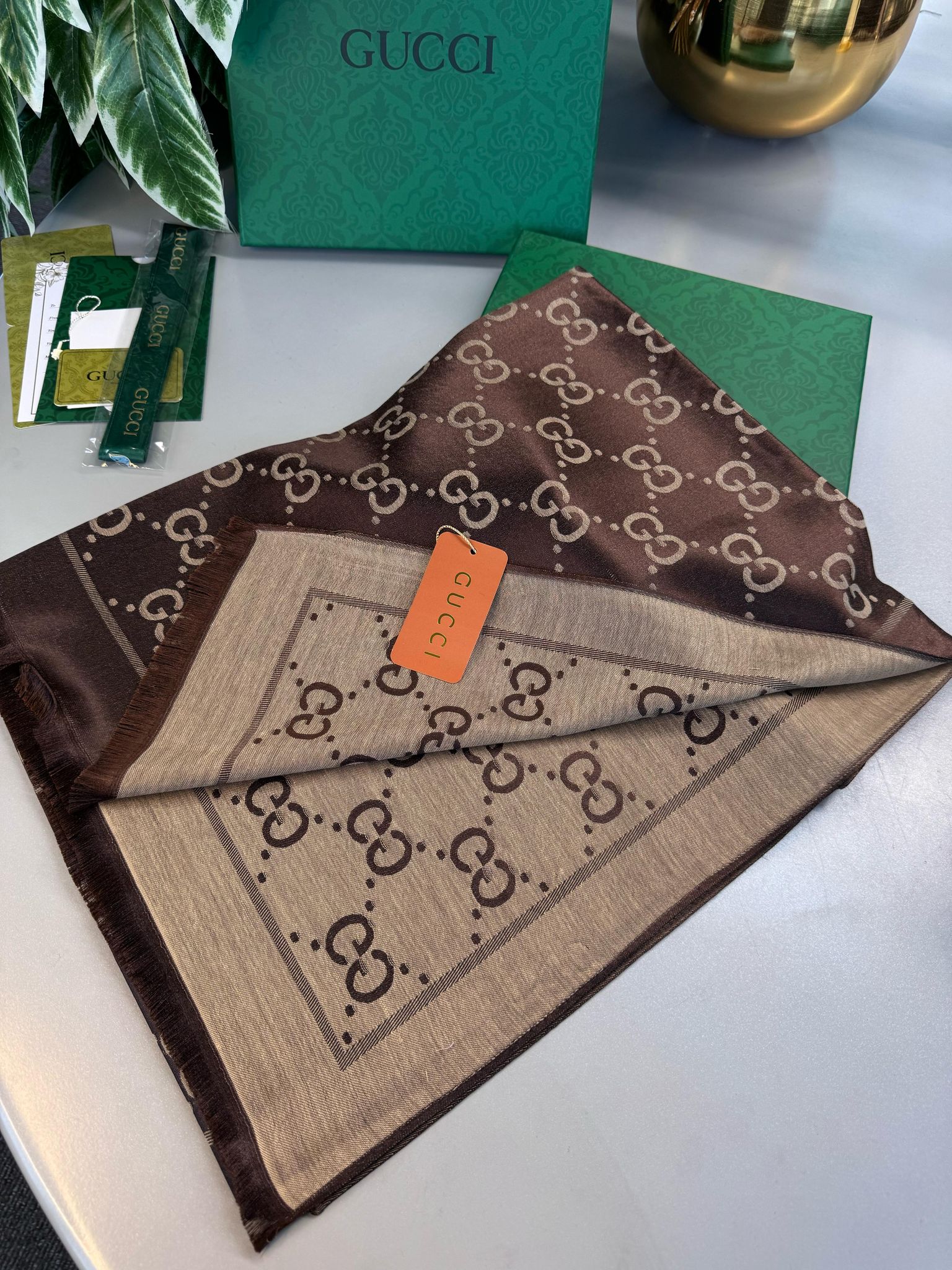 Gucci İthal Yün İpek Şal Tam Set Kutulu Sertifikalı-Kahve
