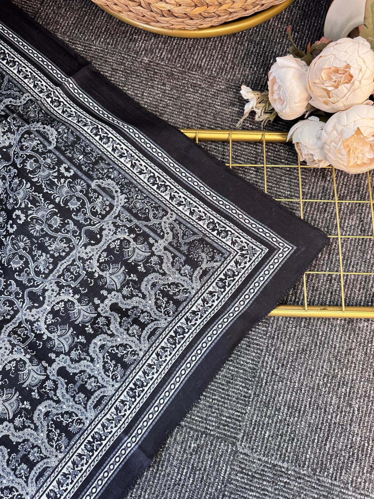 Vintage Desen Naturel ipek Şal-010203-Siyah