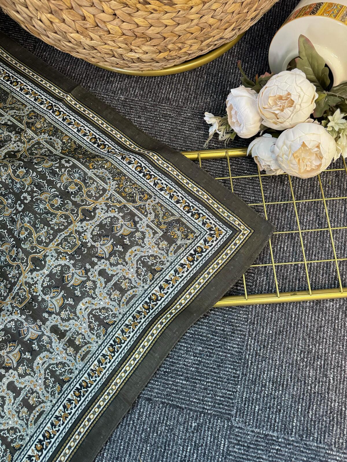 Vintage Desen Naturel ipek Şal-010203-Haki