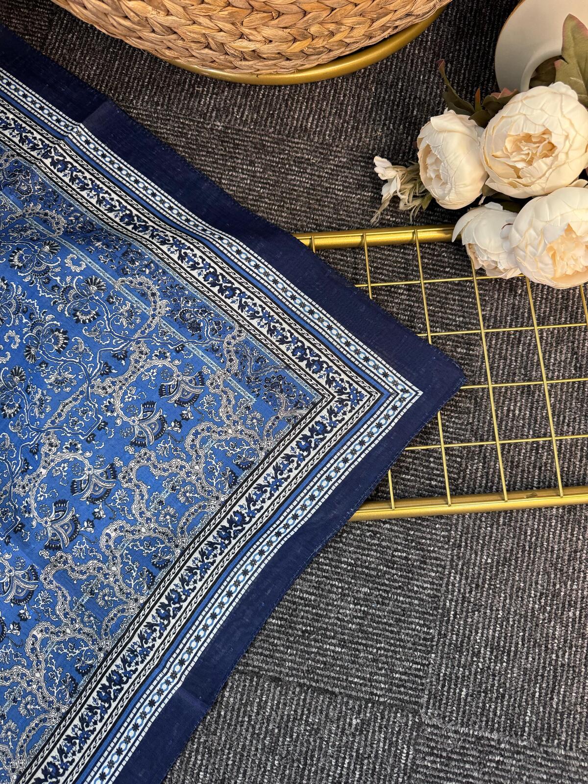 Vintage Desen Naturel ipek Şal-010203-Mavi