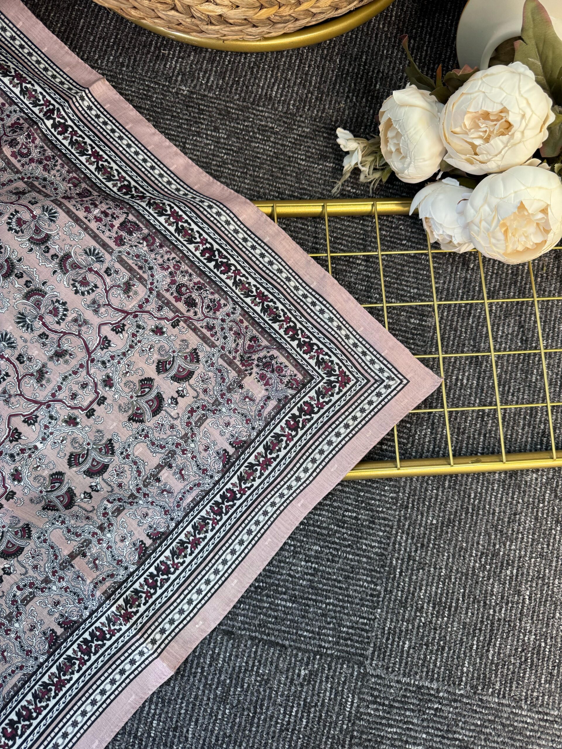 Vintage Desen Naturel ipek Şal-010203-Pudra