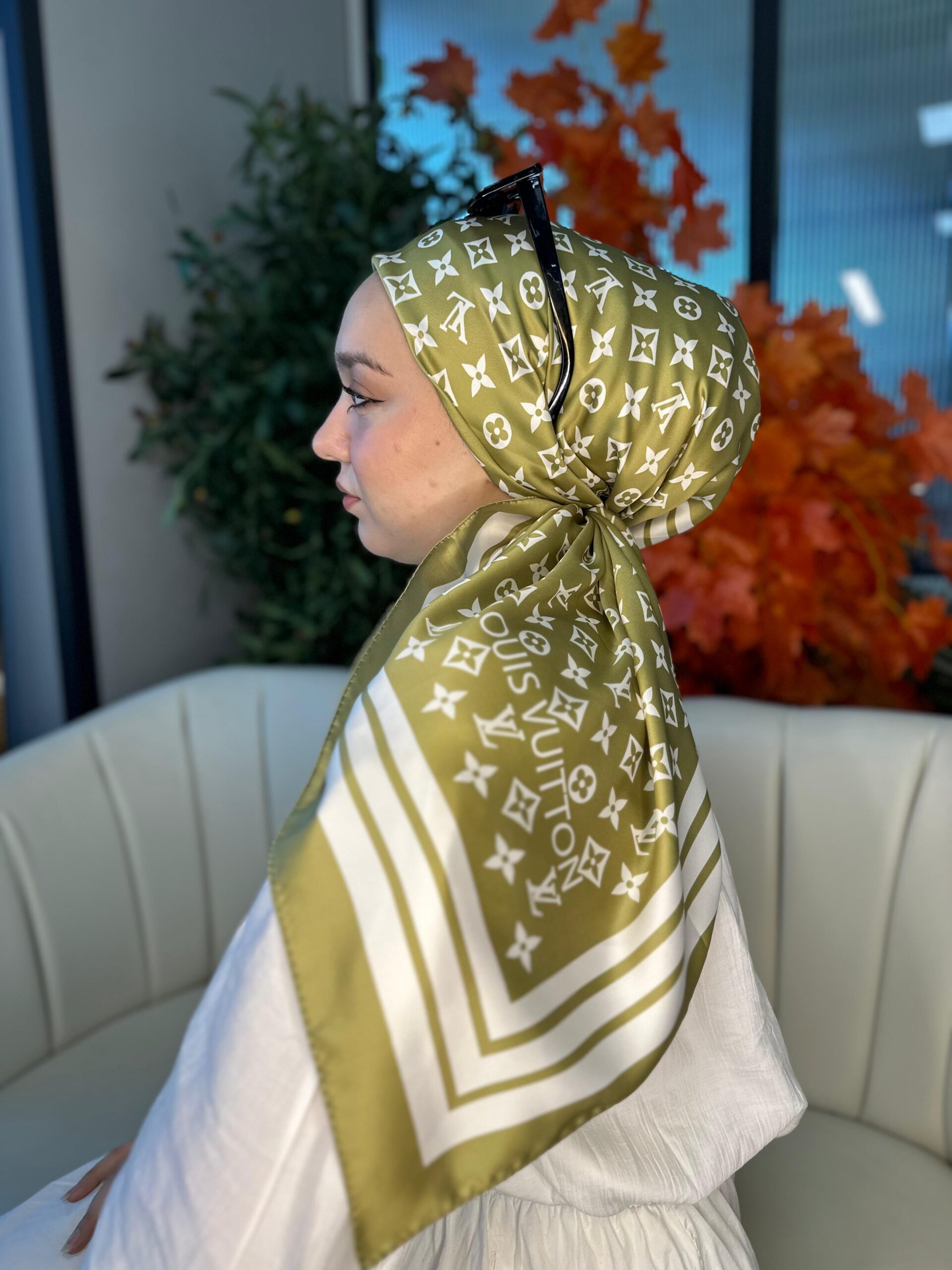 Lv Desen Vual İpek Eşarp-6204527-Yağ yeşili