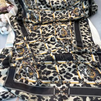 Hermes Leopar Çift Taradlı Vual İpek Şal 11143 - Latte
