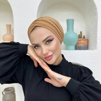 Çapraz Üç Bantlı Dış Bone Hazır Türban - Camel - Organic ScarfsOrganic Scarfs