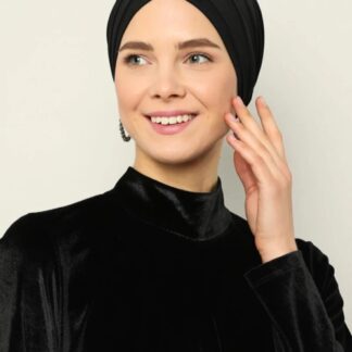 Çapraz Üç Bantlı Dış Bone Hazır Türban Siyah - Organic ScarfsOrganic Scarfs