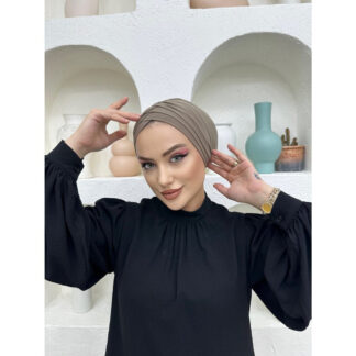 Çapraz Üç Bantlı Dış Bone Hazır Türban - Vizon - Organic ScarfsOrganic Scarfs
