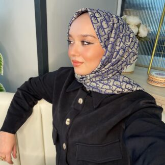 Dior Desenli İpek Kaşmir Çift Taraflı Şal 78002 - Vizon/ Lacivert