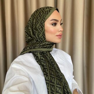 F Desenli İpek Kaşmir Çift Taraflı Şal - Haki - Organic ScarfsOrganic Scarfs