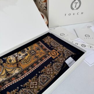 Touch İthal Etnik Desen Yün İpek Şal-34770 - Gold Lacivert