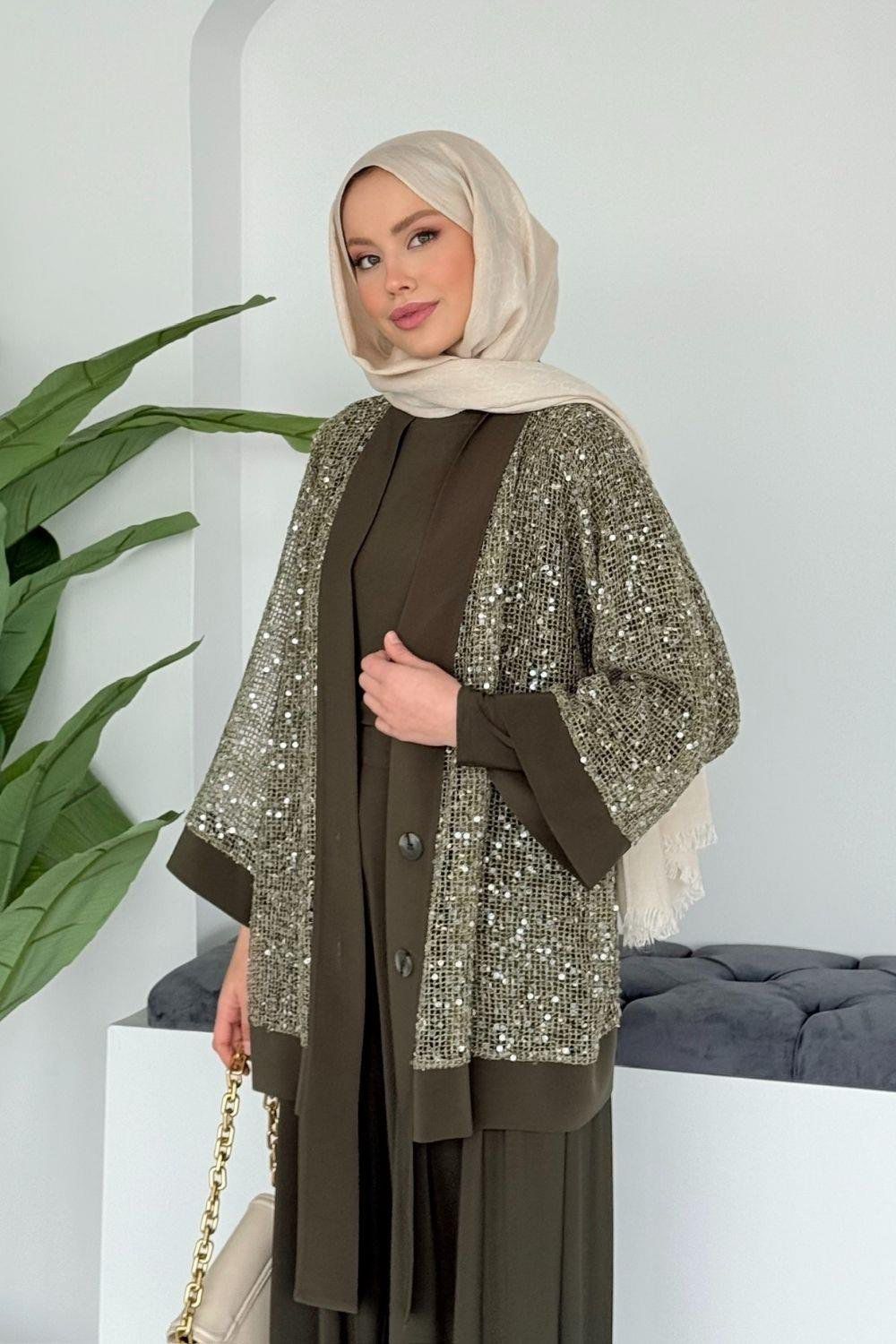 Payetli Üçlü Takım - Haki - Image 2
