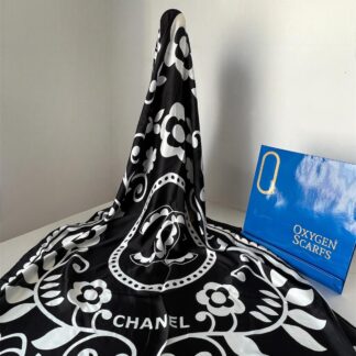 Chanel Çiçek Desen İthal Vual İpek Şal 014461 - Siyah