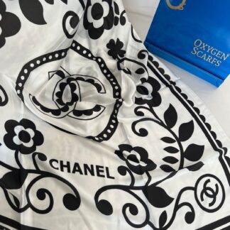 Chanel Çiçek Desen İthal Vual İpek Şal 014461 - Beyaz