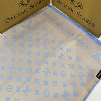 Lv Desenli İthal Pamuk Jakar Eşarp - Gri- Mavi - Organic ScarfsOrganic Scarfs