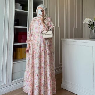 Eleya Çiçek Harmanı Elbise BÜYÜK BEDEN  - Krem