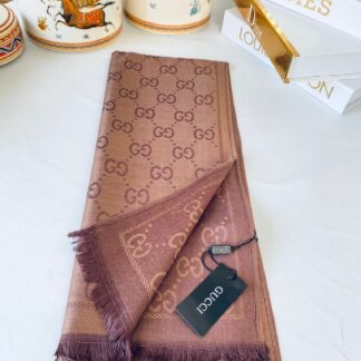 İthal Gucci Çift Taraflı Pamuk Yün İpek Şal 544330 - Kahve