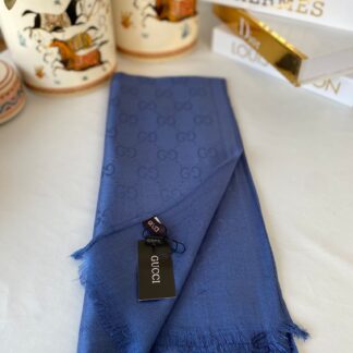 İthal Gucci Çift Taraflı Pamuk Yün İpek Şal 544330 - Gece Mavisi