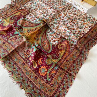 Etnik Desen Hint İpeği Şal-654321 bordo/turuncu
