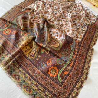 Etnik Desen Hint İpeği Şal-654321 mocha/turuncu