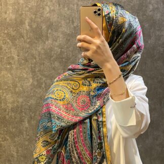İthal Etro Yeni Sezon İthal Etnik Desen Vual İpek Şal 10041 - Gold